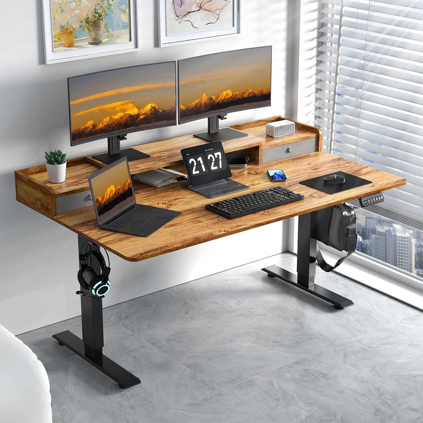 63 x 30 Inch Electric Standing Desk with 2 Drawers, Adjustable Height Widened Stand Up Desk with Storage, Sit to Stand Ergonomic Workstation for Home Office, Light Rustic