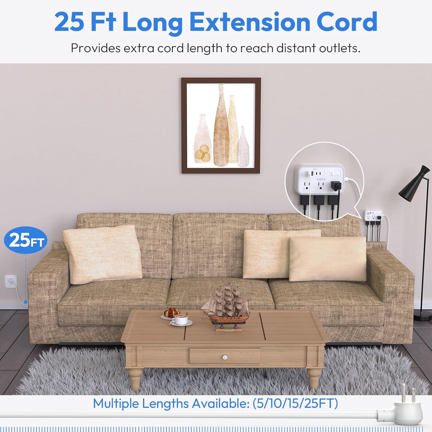 Flat Plug Extension Cord 25 ft, Surge Protector Power Strip, Outlet Extender with 6 Outlets 4 USB Ports, Overload Protection, Long Extension Cord with Multiple Outlets for Indoor, Home, Office, White