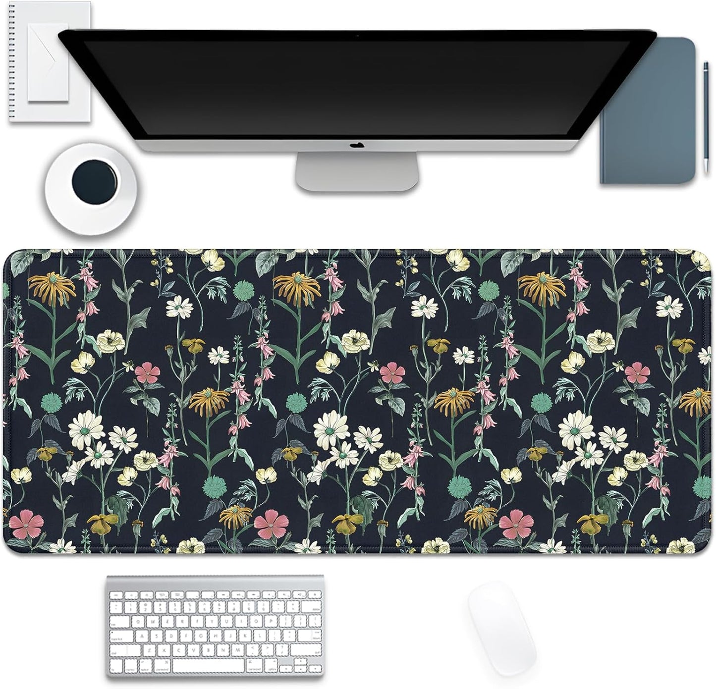 Dark Botanical Flowers Mouse Pad,Extended Black Plant Floral Mousepad Desk Pad with Stitched Edges,Non-Slip Waterproof Rubber Base Mouse Mat for Office Computer Keyboard Laptop Home(27.5x11.8 in)