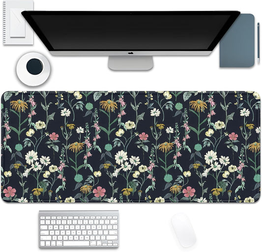 Dark Botanical Flowers Mouse Pad,Extended Black Plant Floral Mousepad Desk Pad with Stitched Edges,Non-Slip Waterproof Rubber Base Mouse Mat for Office Computer Keyboard Laptop Home(27.5x11.8 in)