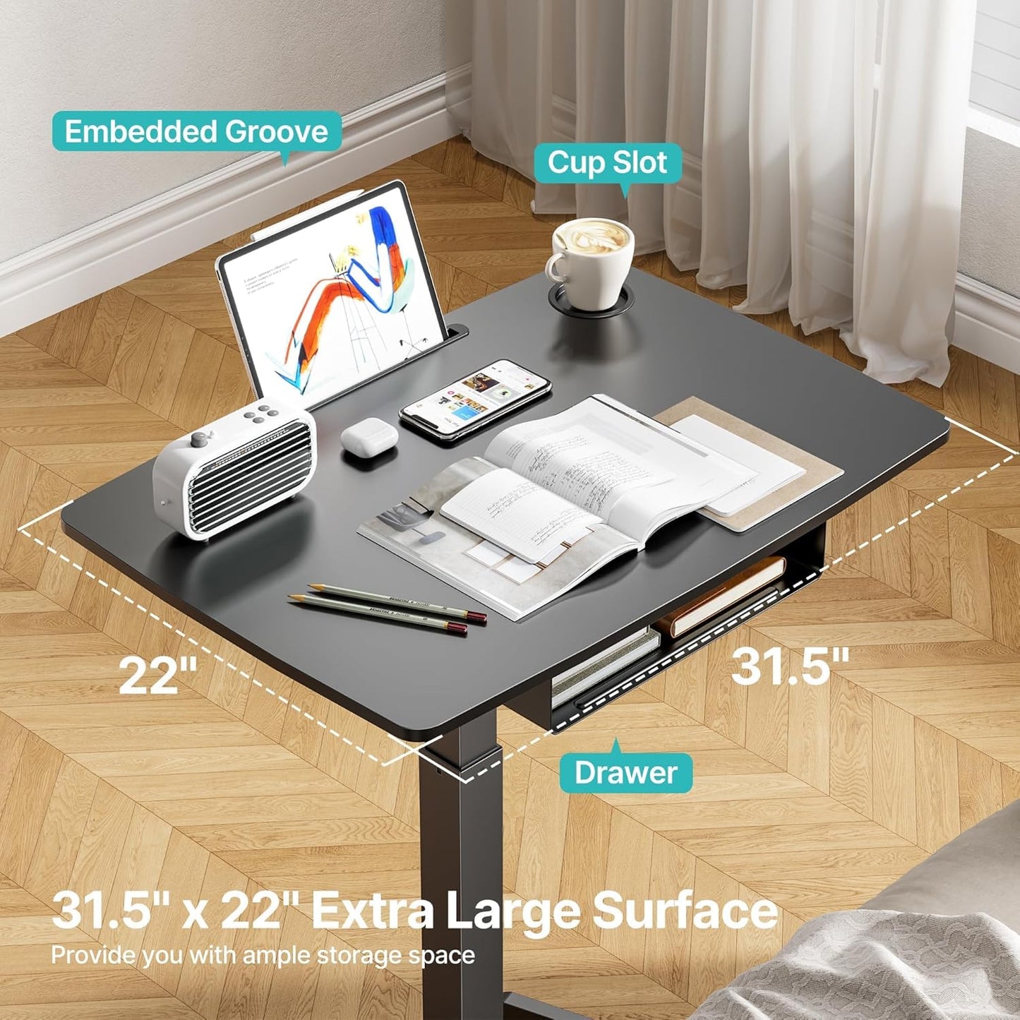 Standing Rolling Desk- 31.5' X 22' Extend Sanding Desk for Classroom, Height Adjsutable up to 44.3' Mobile Laptop Table with Wheels, Moveable Laptop Cart, Teacher Podium with Drawer, Black