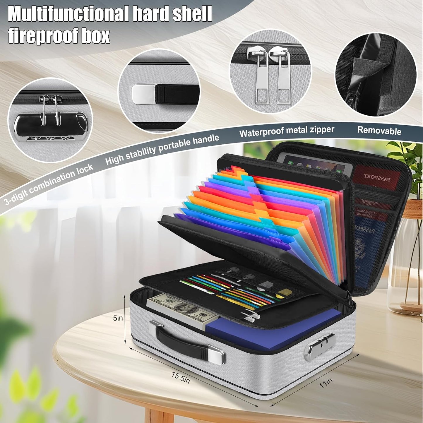 Fireproof Document Box, Hard Shell Fireproof Box, Document Organizer with Lock, Fireproof Water Resistant box, Portable Documents Safe Box for Important Document Certificates, Laptop, Passports,Silver