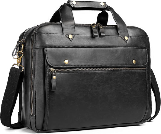 Leather Briefcases for Men 15.6 Inch Laptop Messenger Bag with Triple Compartments Water-Resistant Computer Shoulder Bag for Business, Travel, Work, Office, Black