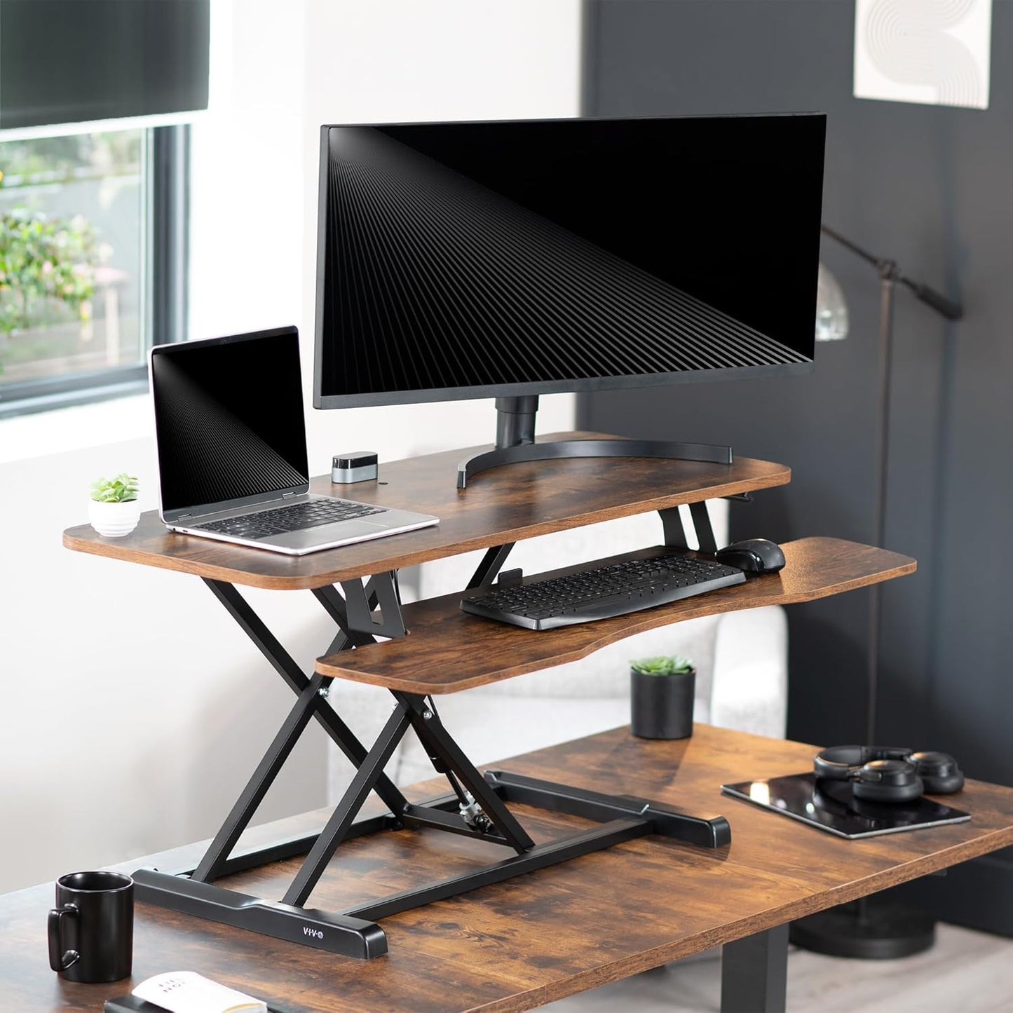 VIVO 42 inch Desk Converter, K Series, Height Adjustable Sit to Stand Riser, Dual Monitor and Laptop Workstation with Wide Keyboard Tray, Rustic Vintage Brown Top, Black Frame, DESK-V042KN