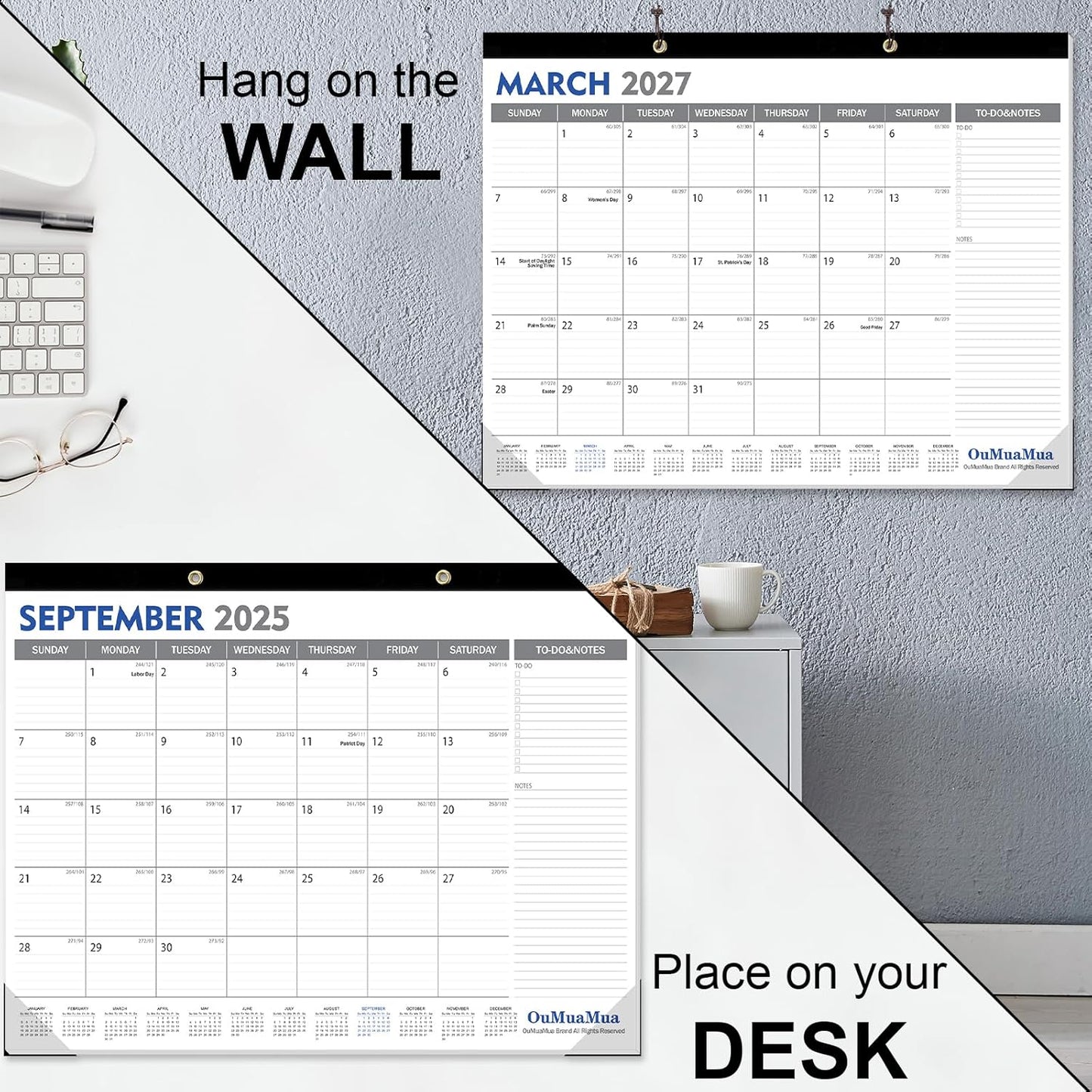 OuMuaMua Large Desk Calendar 2026-19 Months from Sep. 2025 through Mar. 2027, 22 x 17 Inches Desktop Wall Calendar with Julian Date To-do & Notes, Corner Protectors for School Home Office