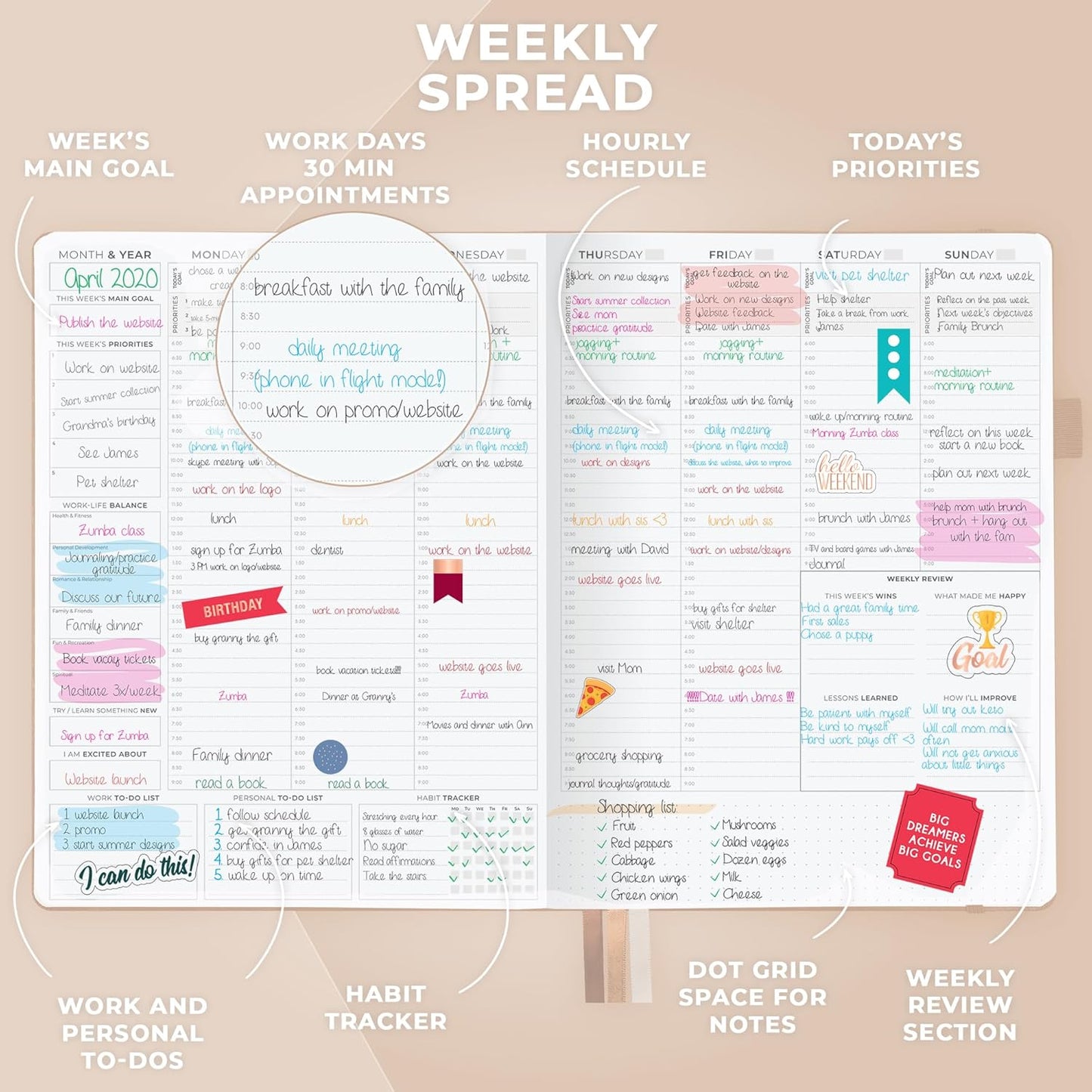 Clever Fox Planner PRO Schedule – Undated Weekly & Monthly Life Planner with Time Slots, Appointment Book & Daily Organizer, A4 (Seashell)