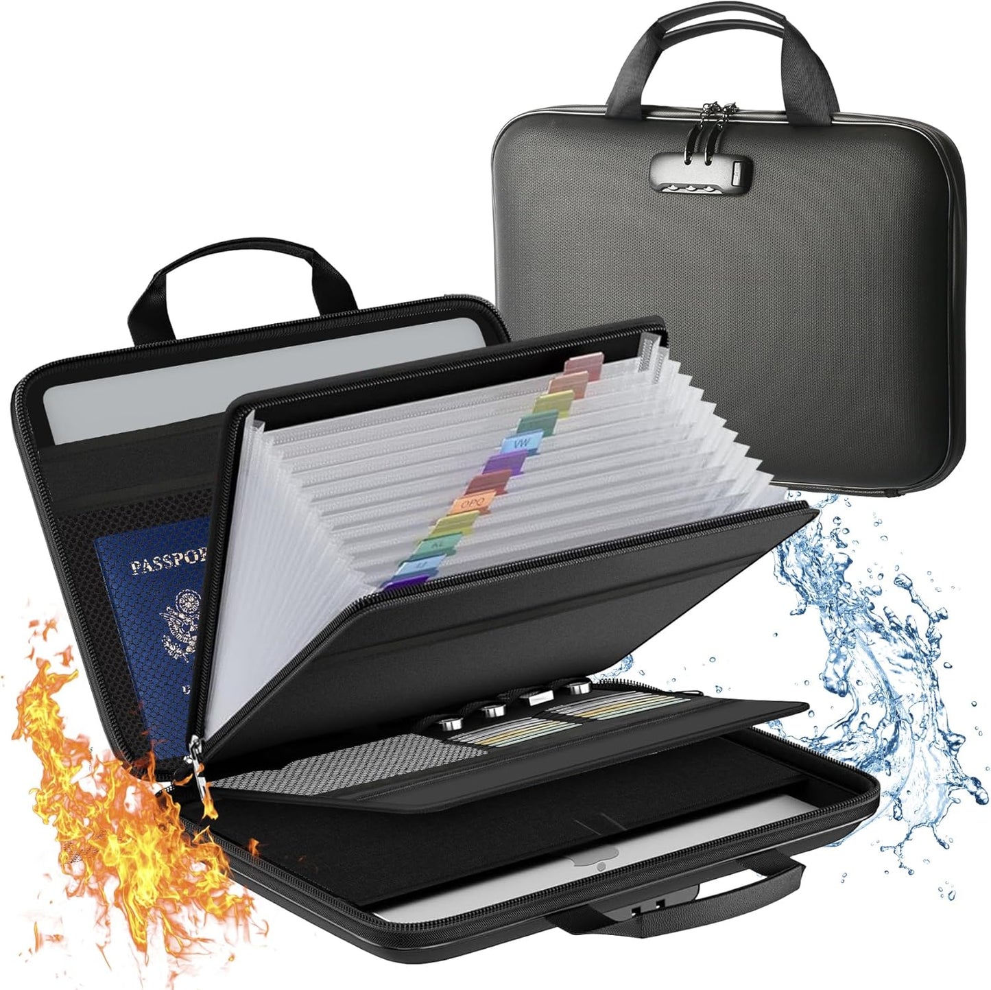 Fireproof Document File Organizer Bag, Black 5200°F Portable File Organizer Handbag With Lock,Hard Case Fireproof Waterproof Important Document Bag,Fire Safe Home Valuables Storage