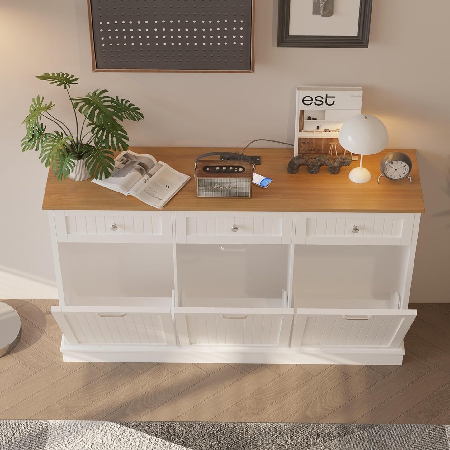 30 Gallon Tilt Out Trash Cabinet, Wooden Kitchen Trash Can Cabinet with Hideaway Drawer, Freestanding Laundry Hamper Garbage Recycling Cabinet on Wheels, Pet Proof, Triple, White