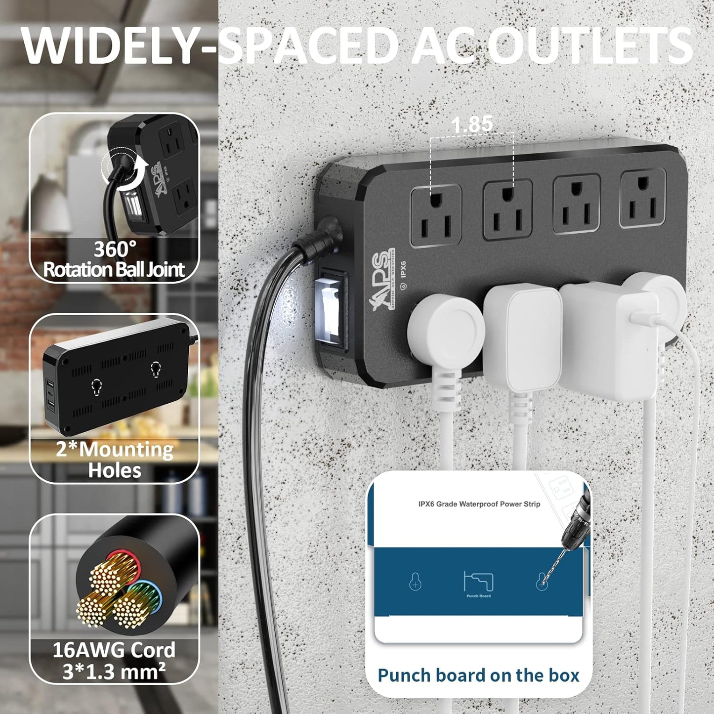 Outdoor Power Strip Weatherproof, Waterproof Surge Protector with 8 Wide Outlet with 3 USB Ports, 6FT Extension Cord,1875W Overload Protection,Outlet Extender for Christmas Lights ETL Listed Black