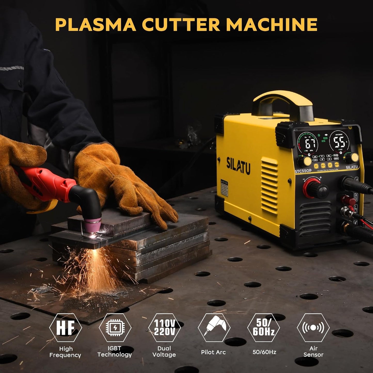 SILATU 55Amps Plasma Cutter, Large LED Display, Non-Touch Pilot Arc, Air Sensor Technology, 110/220V Dual Voltage IGBT Inverter Plasma Cutter Machine, 1/2'' Clean Cutting Thickness for Beginners DIY