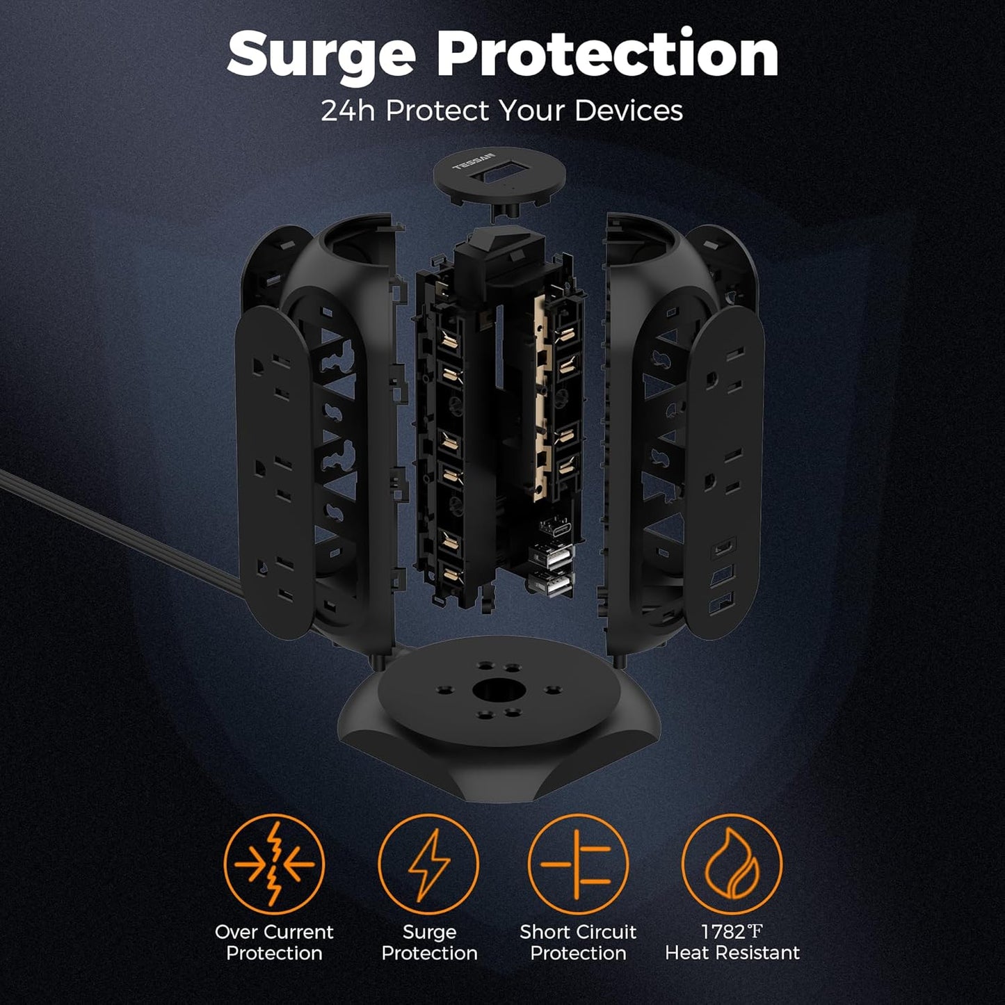 TESSAN Surge Protector Power Strip Tower with 3 USB Ports 11 Outlets, 1875W/15A, Black Extension Cord 6 Feet, 1050J Protection Desktop Charging Station for Office School Dorm Room Essentials