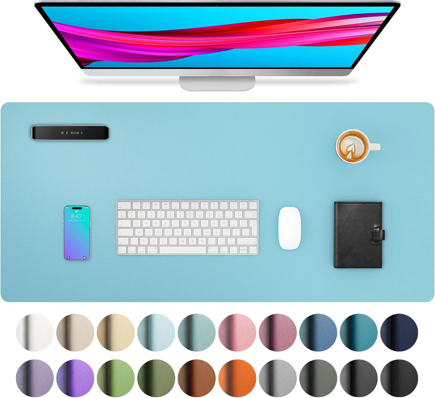 Aothia Large PU Leather Desk Pad Protector – Non-Slip Mouse Pad & Writing Mat for Office/Home, Waterproof, Easy to Clean (31.5" x 15.7", Blue Topaz)