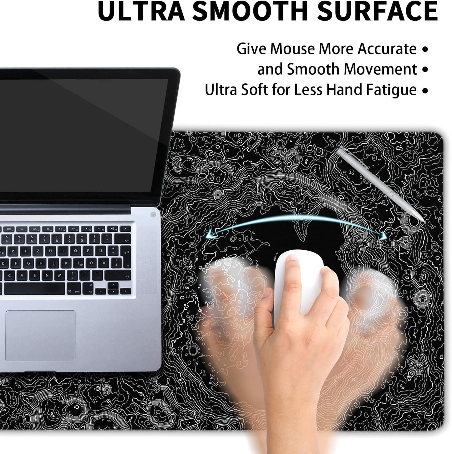 Black Whtie Topographic Gaming Mouse Pad XXL Topo Moon Relief Map Extended Large Mat Mousepad Desk Pad Non-Slip Rubber Base Stitched Edge Long Mousepad for Desktop Office Desk, 35.4 x 15.7 in