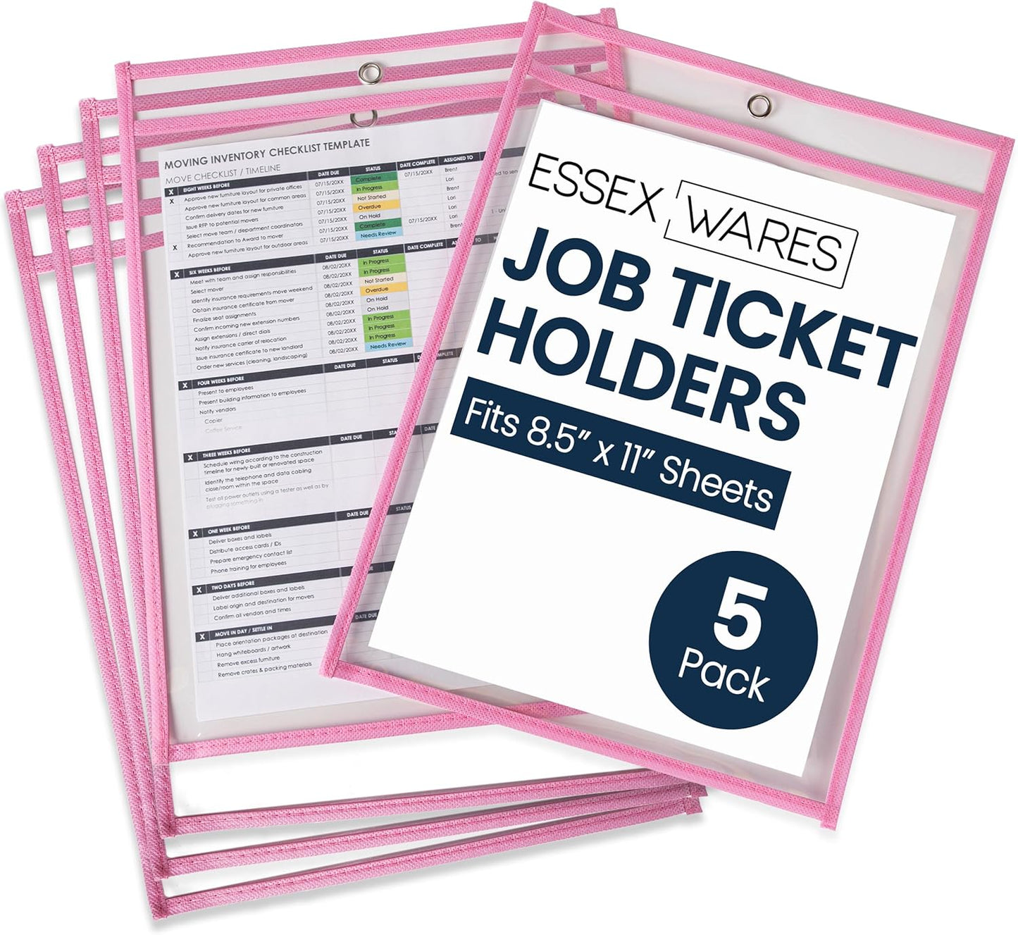 Essex Wares - 5 Pack, Pink, Job Ticket Holders, 10" Wide x 13.5" Tall - Clear Plastic Shop Ticket Holders - Easy to Use, Reusable & Easy Erase Plastic Invoice Holders, Water-Resistant & Durable