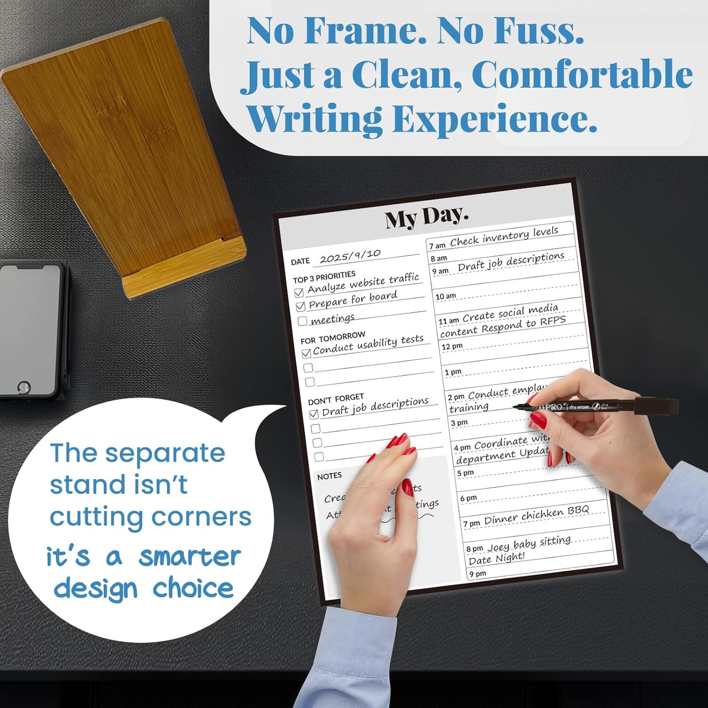 JJPRO Reusable Desktop Daily Planner with Stand,Hourly Dry Erase Board,11"x8.5" Hourly Schedule Board,Dry Erase Time Schedule with Time Slots,Reusable Desk Hourly Dry Erase Board with Detachable Engineered Wood Stand for Office, Home