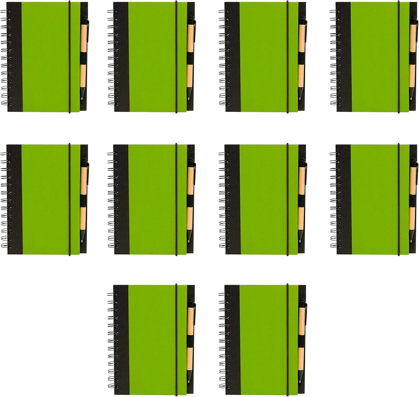 DISCOUNT PROMOS Eco Block Notebooks with Pens Set of 10, Bulk Pack - Perfect for School, Office, Business, Home - Lime Green
