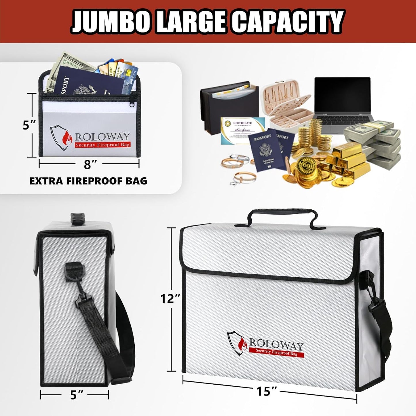 ROLOWAY Fireproof Document Bag 5200°F Heat Insulated (15 x 12 x 5 inches), Fireproof Bag with Fireproof Money Bag for Cash Safe, Fireproof Document Box, Fireproof Safe Bag for Document Safe