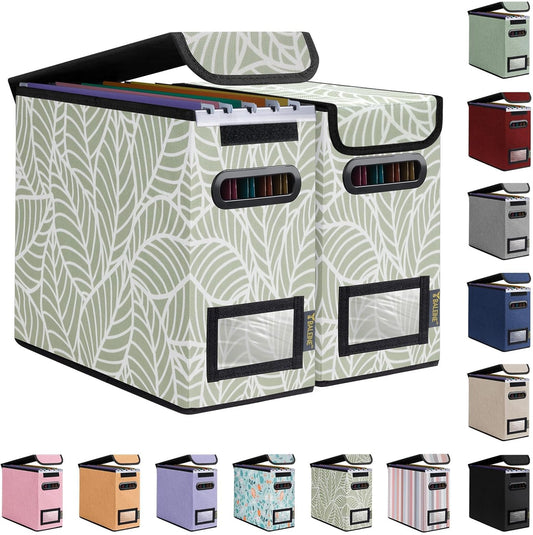 BALEINE File Organizer Box with Lid, Collapsible File Folder Organizer with Plastic Slide, Hanging File Folder Box for Office Document Storage (2 Pack, Antique Foliage, S)