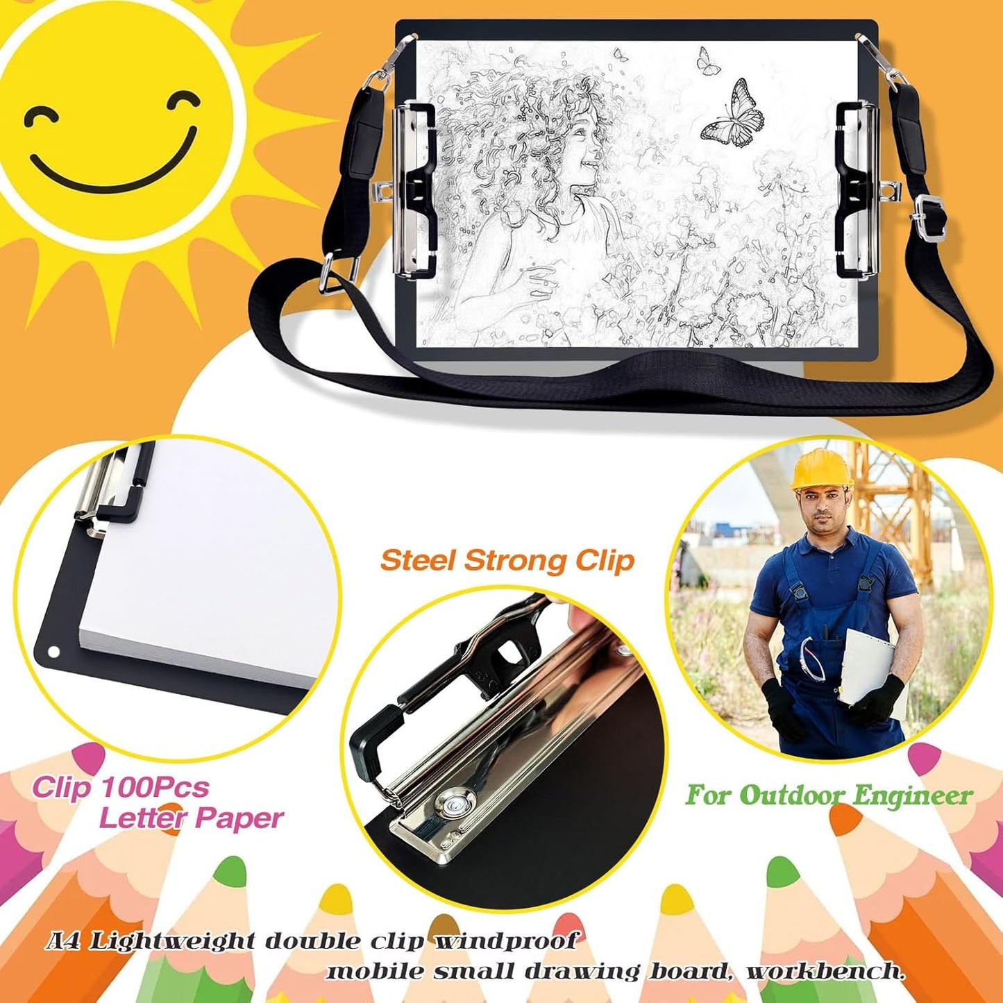 Aluminum Metal Clipboard with Detachable Adjustable Shoulder Strap A4 Double Clip Board Stainless Hangable w/Pen Holder Letter 9" x 12.6" for School Office Business Factory (Black-with Strap, A4)