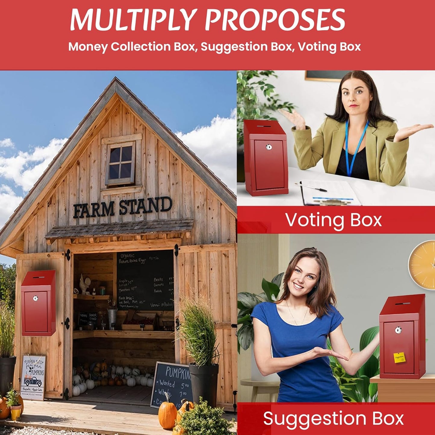 Metal Donation Box-Suggestion Box with Slot and lock-Cash Lock box for Money-Secure Drop Box-Comment and ballot voting box-comes with pre-drilled holes for easy wall mounting 10 X 6 X 2.5"(Red)