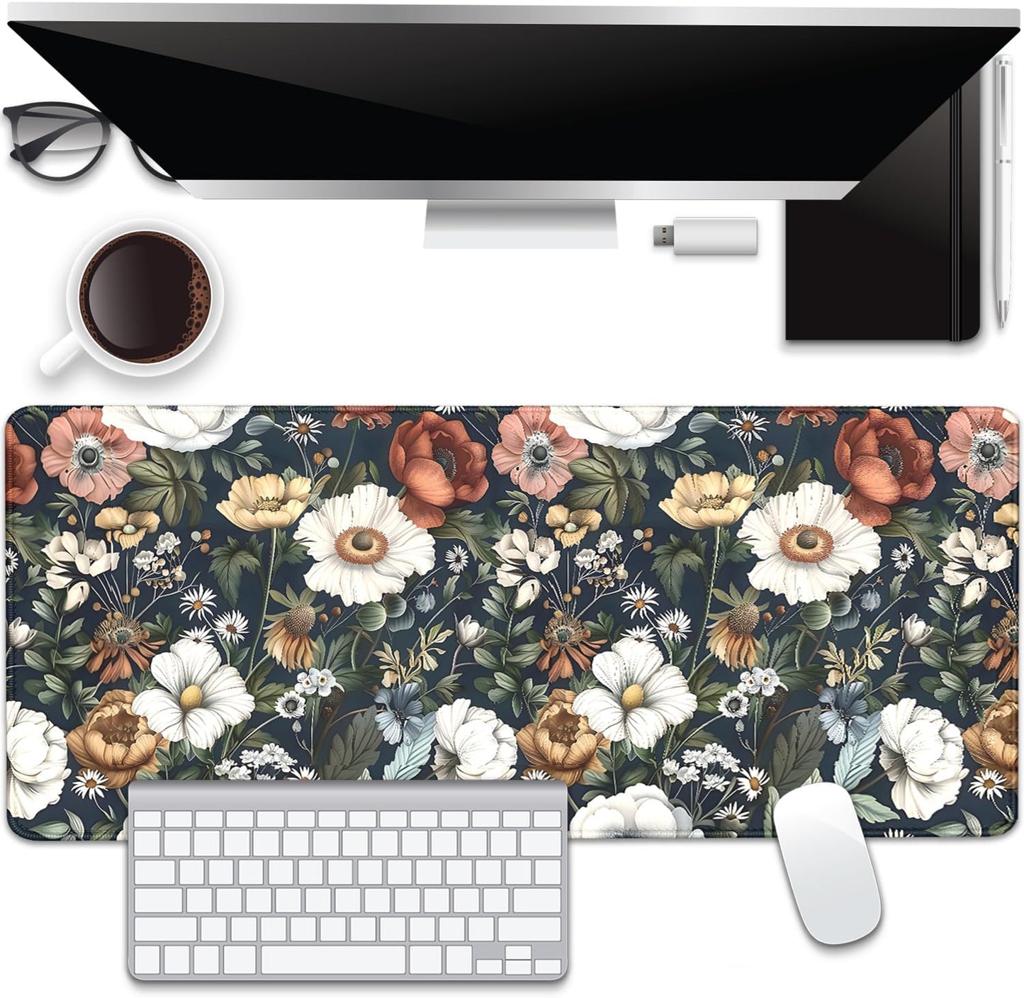 Colorful Flowers Desk Pad Mouse Pad,Daisy Floral Mouse Mat with Stitched Edges,Non-Slip Rubber Base Mousepad for Office PC Keyboard Laptop and Home Work Desk Mat(27.5X11.8 in)