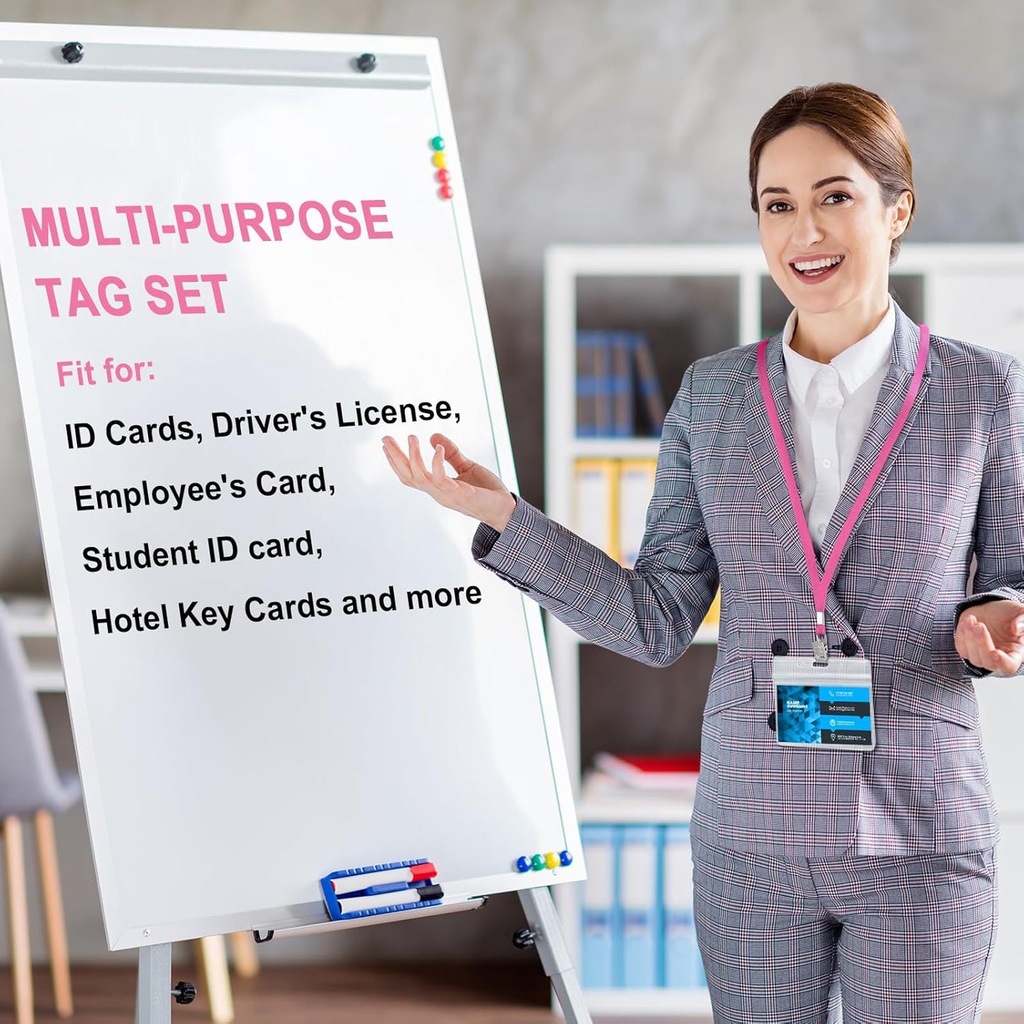 Marspark 100 Sets Clear Name Tags with Lanyard, Lanyards for ID Badges Reusable Strap with ID Holder Plastic Name Badges for Adults Business School Church Conference (Pink)