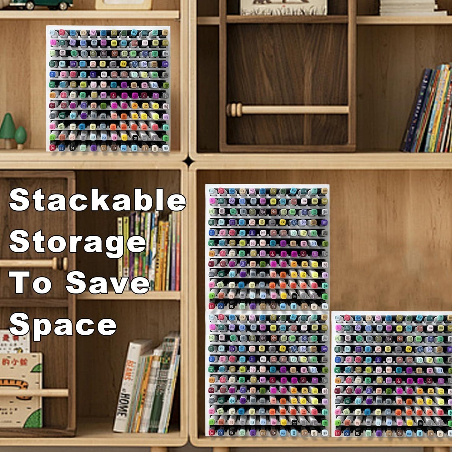 MinBoo Bamboo Art Supply Storage Rack - Wooden Marker Organizer for 144 Markers, Pens, Colored Pencils, Paint Brushes (White)