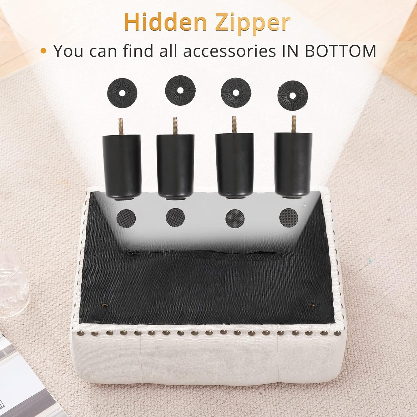 LUE BONA Small Tufted Foot Stool, Beige Rivet Fabric Ottoman with Plastic Legs, 9''H, Rectangle Footstool for Adult with Non-Slip Pads, Sofa Foot Rest for Living Room, Couch