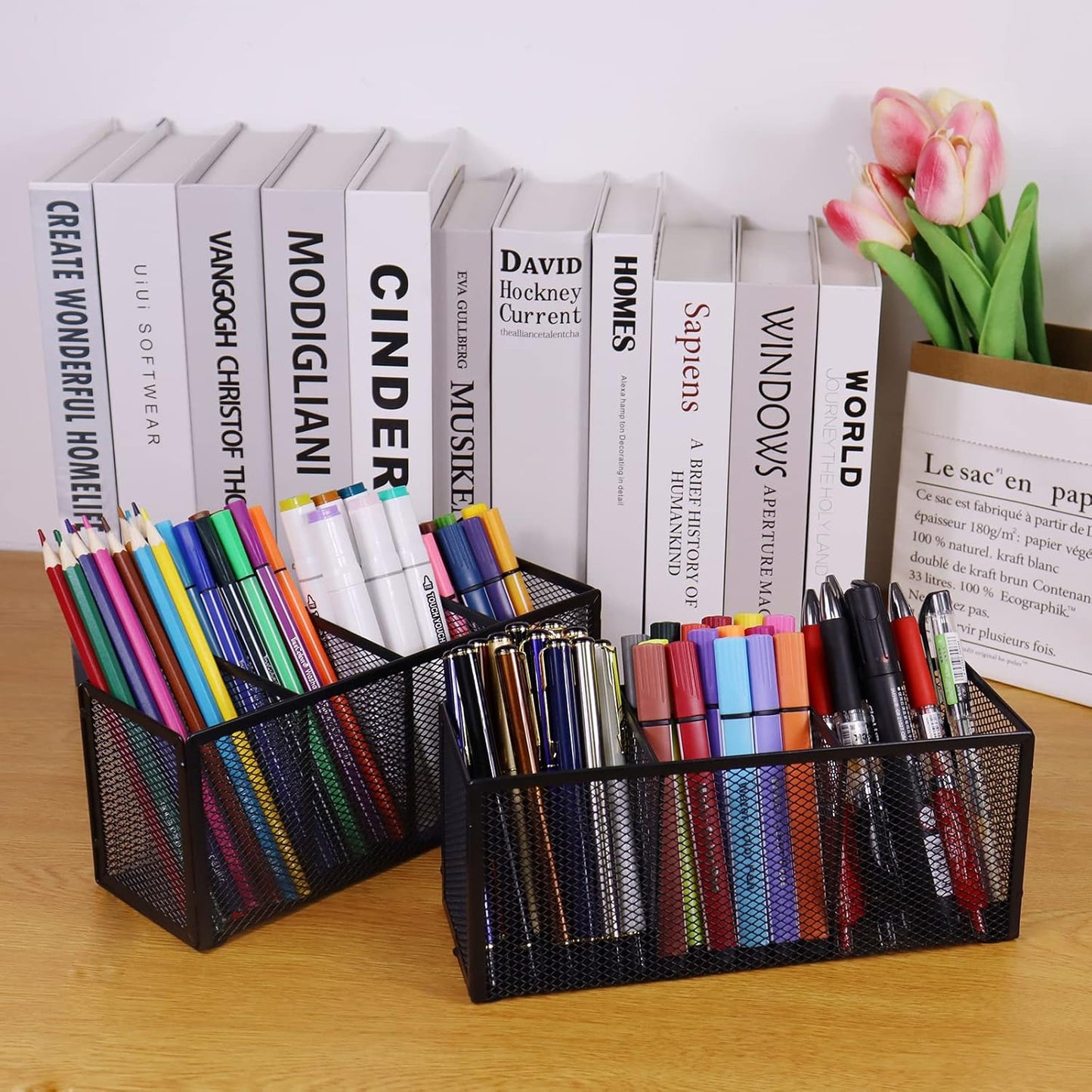 Black Mesh Pen Holder, Metal Desk Organizer Desktop Stationery Office Supplies Acessories Storage Stand, 4 Compartments Pencil Organizer Brushes Holder for Home School Classroom Teachers