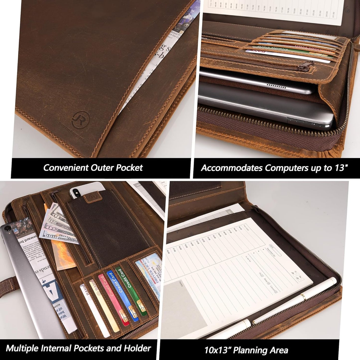 Full Grain Leather Portfolio Padfolio with Zipper, Professional Business Organizer for Men Women, Executive Resume Folder with A4 Notepad Holder, Card Slots, Pen Loop, 10x13'', Luxury Gift Set
