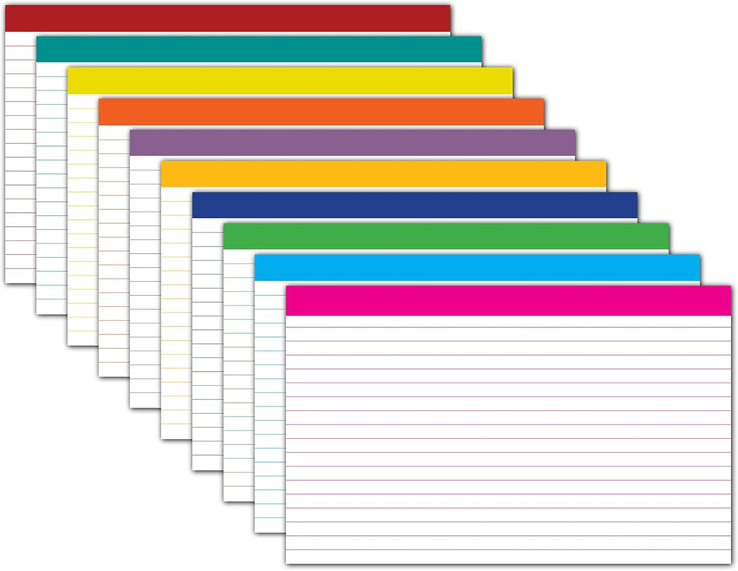 DEBRADALE DESIGNS - Color Bar Ruled Single Sided Index Cards - 5 x 8 Inches - White - 500 (50 each of 10 colors) - Wrapped in 2 packages of 250 - Standard 110# Index Card Stock - 199 GSM - .009 Thick