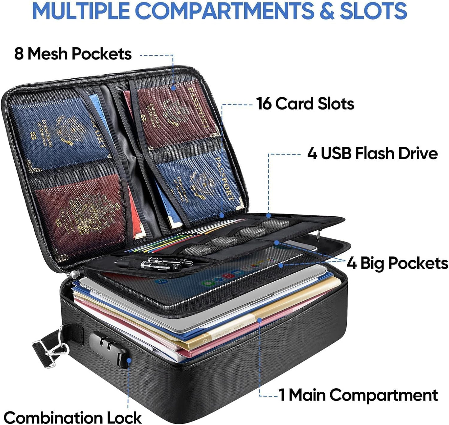 BALEINE Fireproof Document Box with Lock, Portable Fireproof Document Bag Waterproof Fire Proof File Boxes for Documents, File Organizer Box for Important Paperwork (Black, 15''x11''x4'')