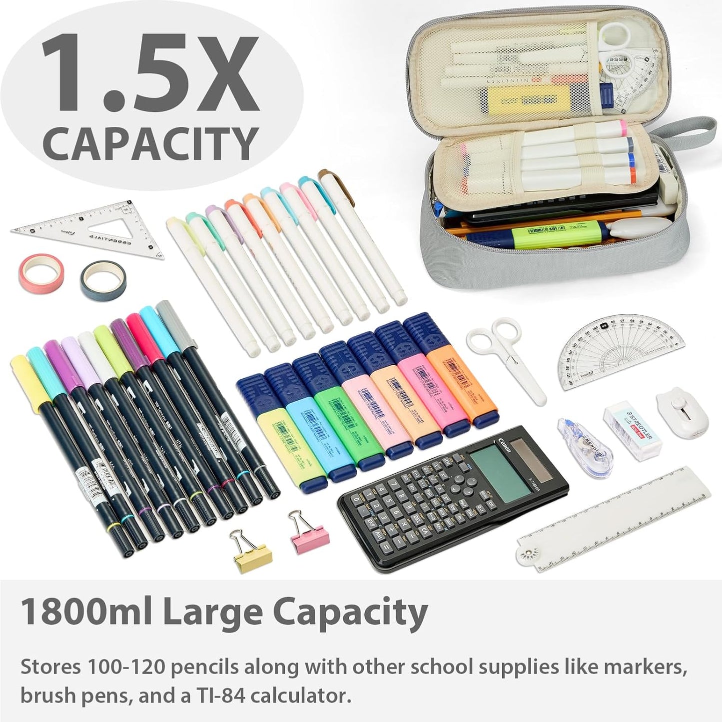 Pencil Case Pouch Box Bag School Supplies Girls Boys Kids, Cute Preppy Stuff Large Big Capacity Aesthetic Pen Organizer, Back to College Stationary, Light Gray, Standard Stlye, 1800ml