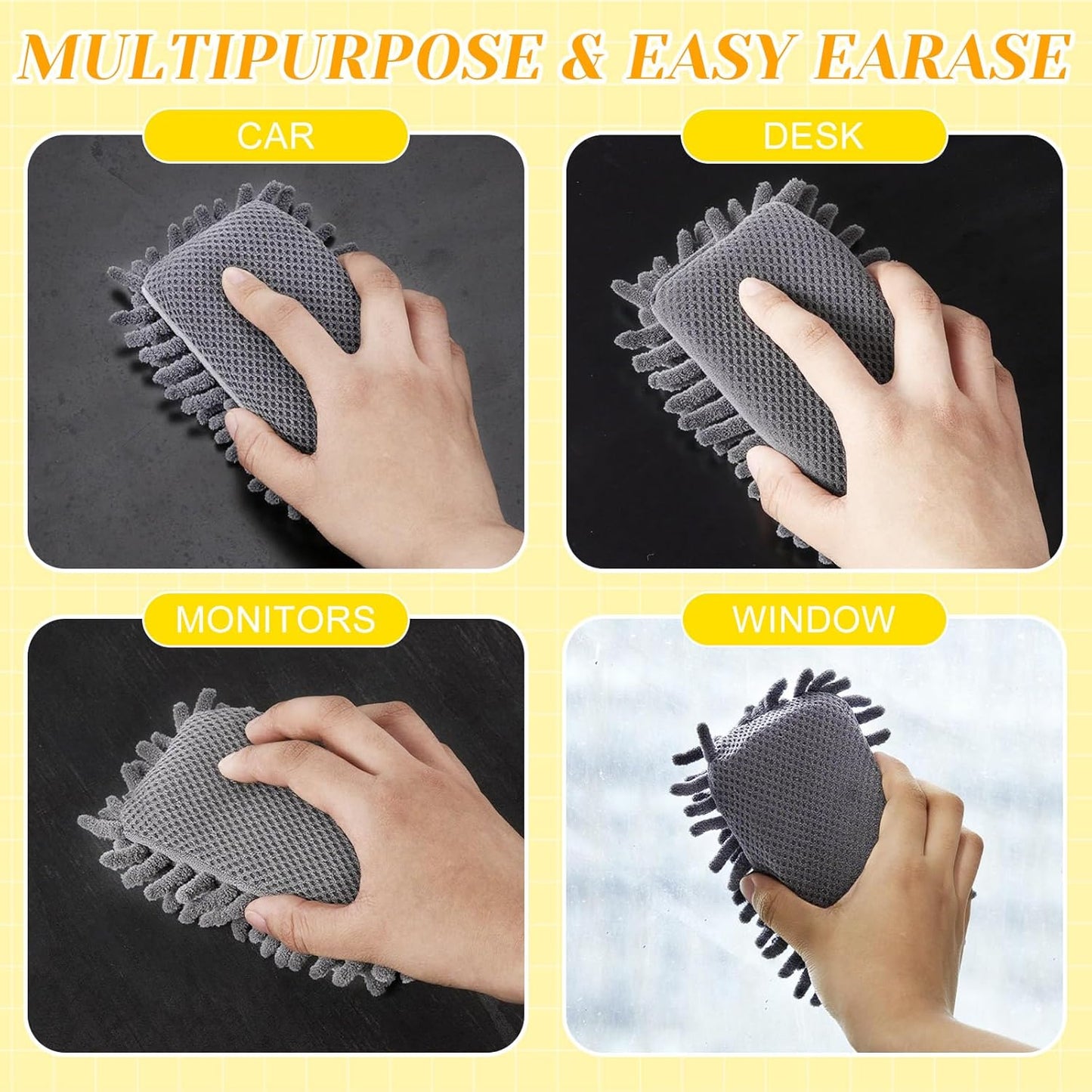 Zonon 4 Pieces Dry Erase Eraser Microfiber Shag Washable Whiteboard Eraser for Markers, Chalk, Classroom, Home and Office(Blue,Yellow,Gray)