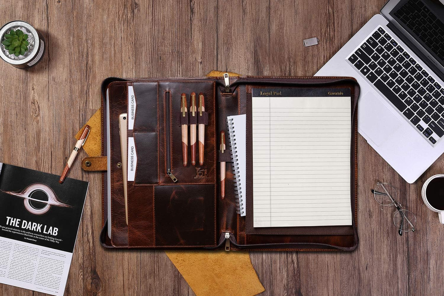 Genuine Leather Business Portfolio Padfolio Folder with Zipper for Men, Men's Leather Padfolio Folder for 13" Laptop, Business Portfolio with Letter Size Notepad, Graduation Gift，Oil Wax