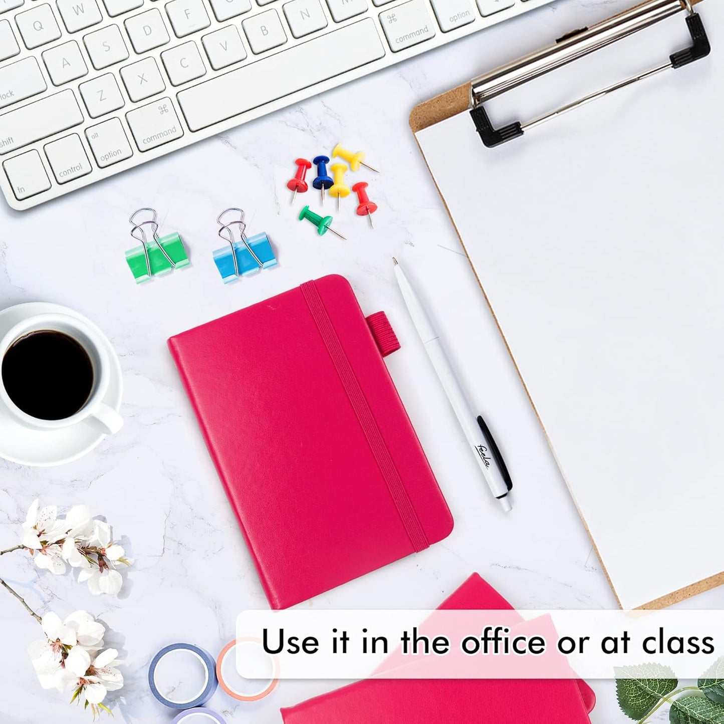 feela 6 Pack Pocket Small Notebooks Bulk, Mini Cute Memo Notepads Hardcover College Ruled Lined Journals with Pen Holder for Women Girls Office School, with 6 Black Pens, 3.5”x 5.5”, A6, Berry