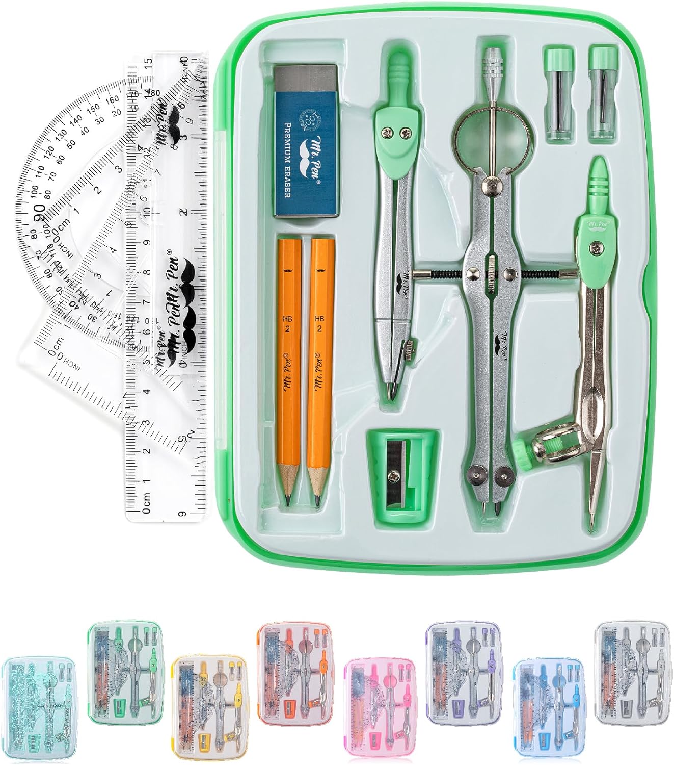 Mr. Pen- Geometry Set, 13 pcs, Mint Green, Compass for Geometry Compass Math, Geometry Kit Set with Shatterproof Storage Box, Math Compass, Geometry Set for School, Protractor and Compass Set