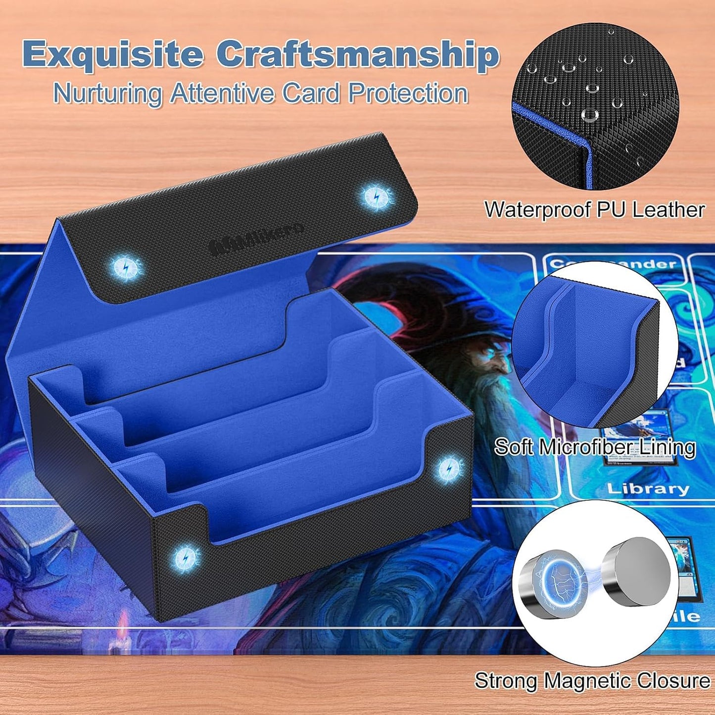 Mlikero Card Deck Case, 1800+ Trading Card Storage Box with 10 Dividers and 3 Foam Stoppers, Leather Magnetic Closure Commander Deck Box Fit for YuGiOh, MTG and Sport Cards(Black&Blue)