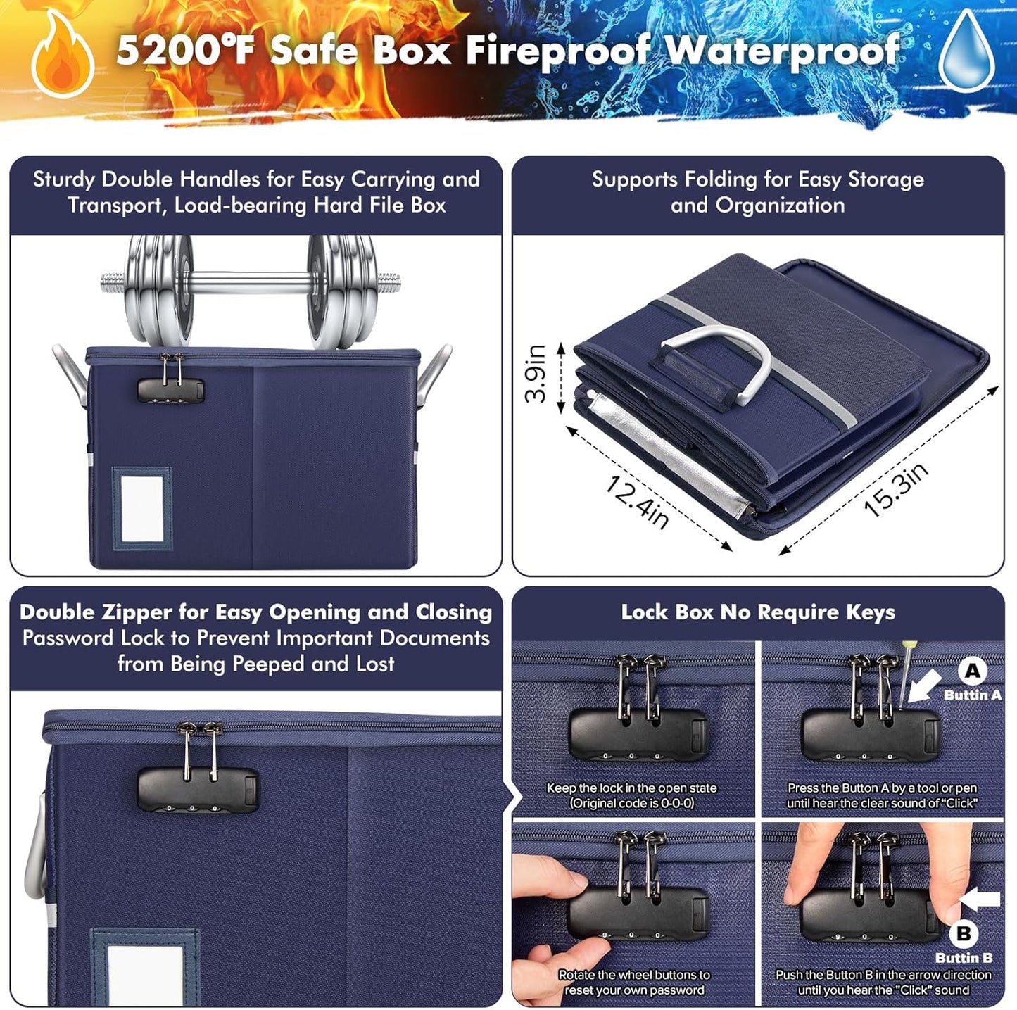 TOMKID 5200°F Fireproof Document Box, Fire Important Document Organizer with Lock, Upgraded Heat Insulated Filing Storage Cabinet Office Organization (5200°F Fireproof Box, Blue)