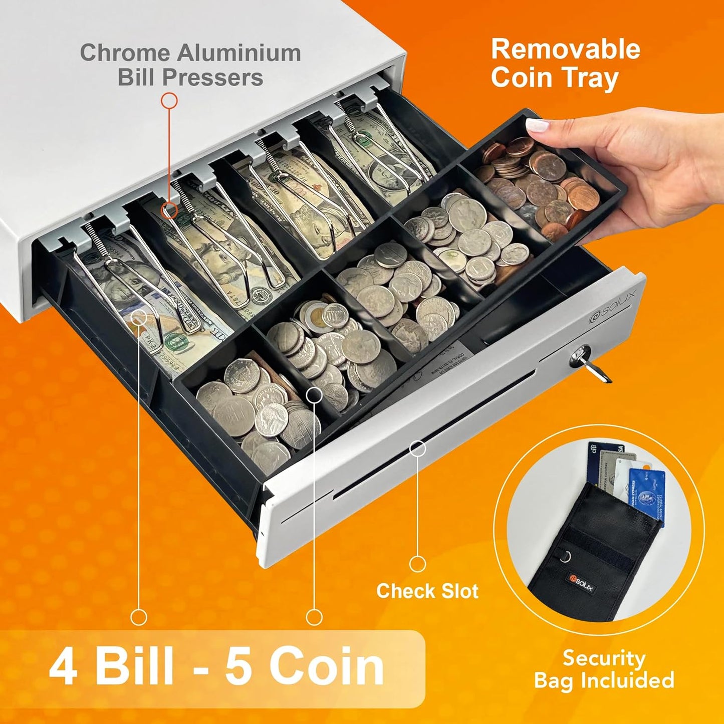 SOLUX 13" Cash Drawer - Cash Registers - Cash Register Drawer for POS - Square Cash Drawer for Small Businesses - Removable Coin Tray - 24V, RJ11/RJ12-Key Lock 4 Bill - 5 Coin, White