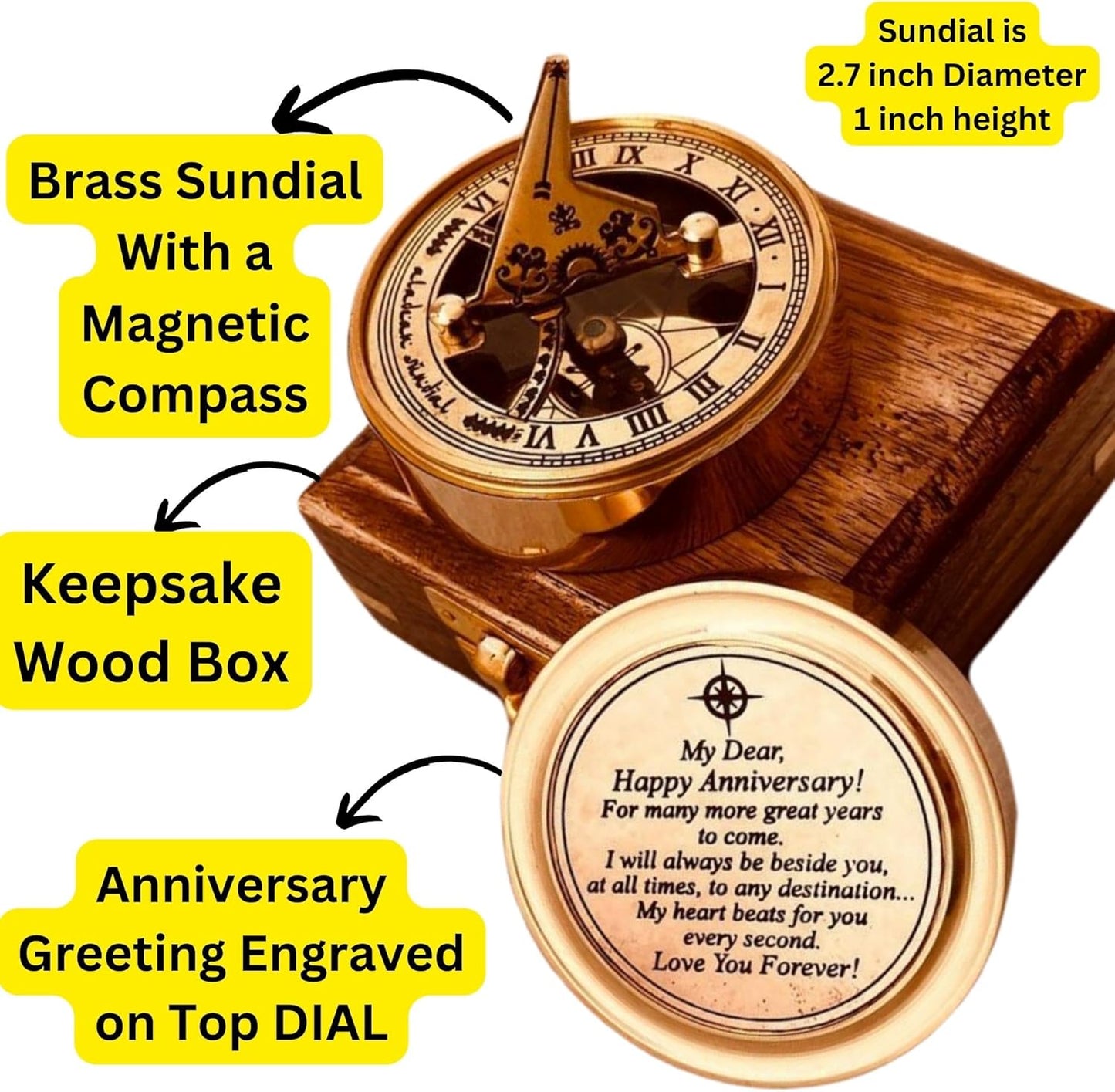 Anniversary Sundial Gift for Him or Her Sundial Clock Compass - Unique Gift for Husband or Wife, Men 1st Wedding Anniversary 50th 40th 25th 20th Year Celebration (Anniversary Sundial Wood Box)