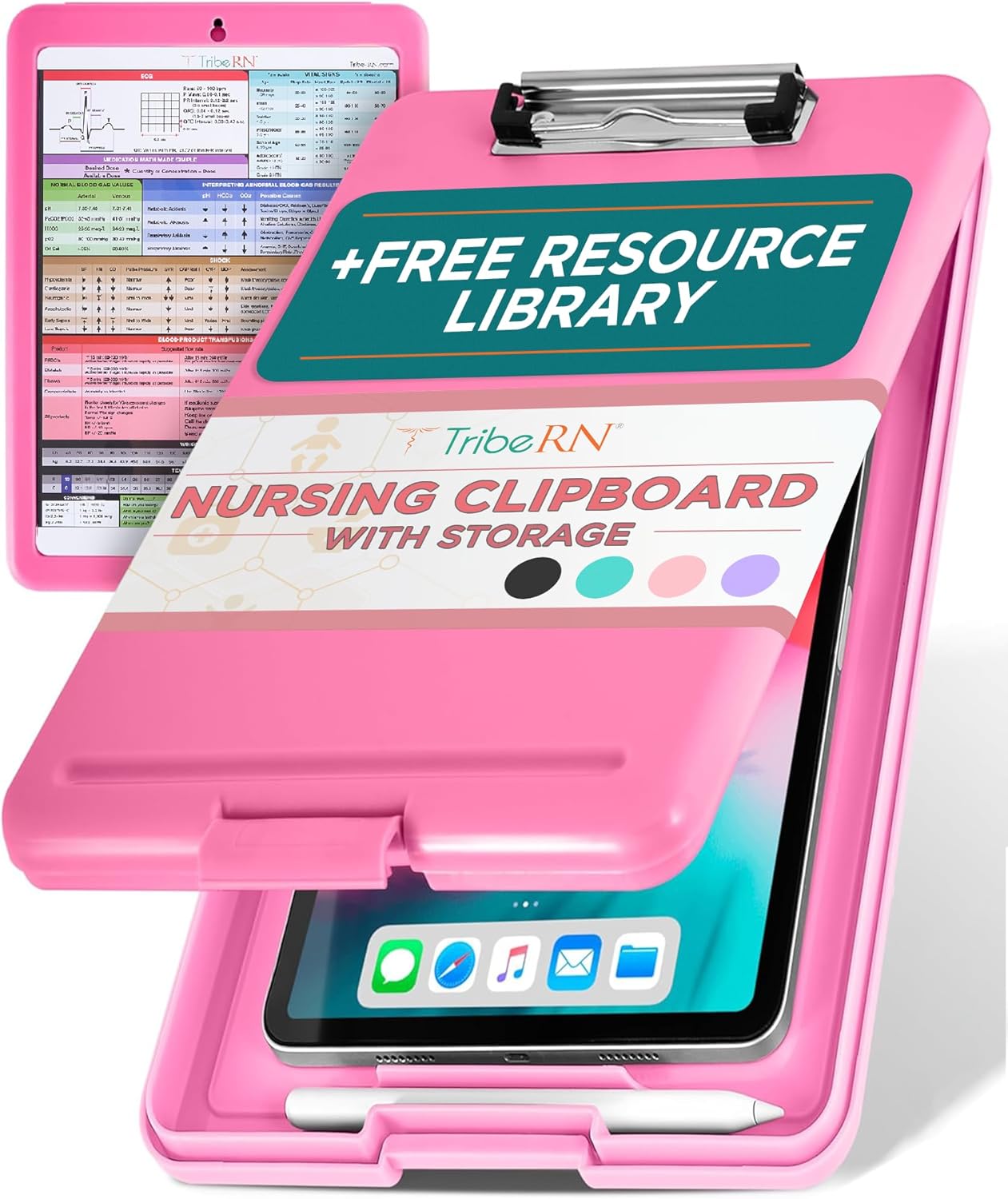 Tribe RN Nursing Clipboard with Storage - Medical Clipboard Nursing Essentials for Nurses and Nursing Students School Supplies with Quick Access Reference Guide (Pink)