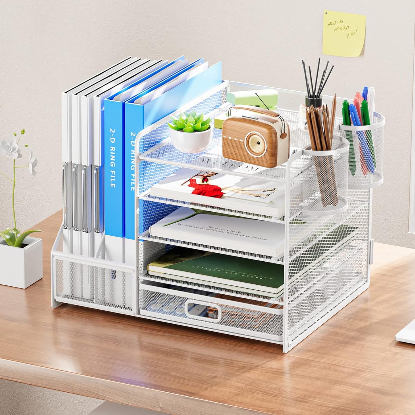 Marbrasse Desk Organiser with File Holder, 5-Tier Paper Letter Tray Organiser with Drawer and 2 Pen Holder, Mesh Desktop Organizer and Storage with Magazine Holder for Office Supplies(White)