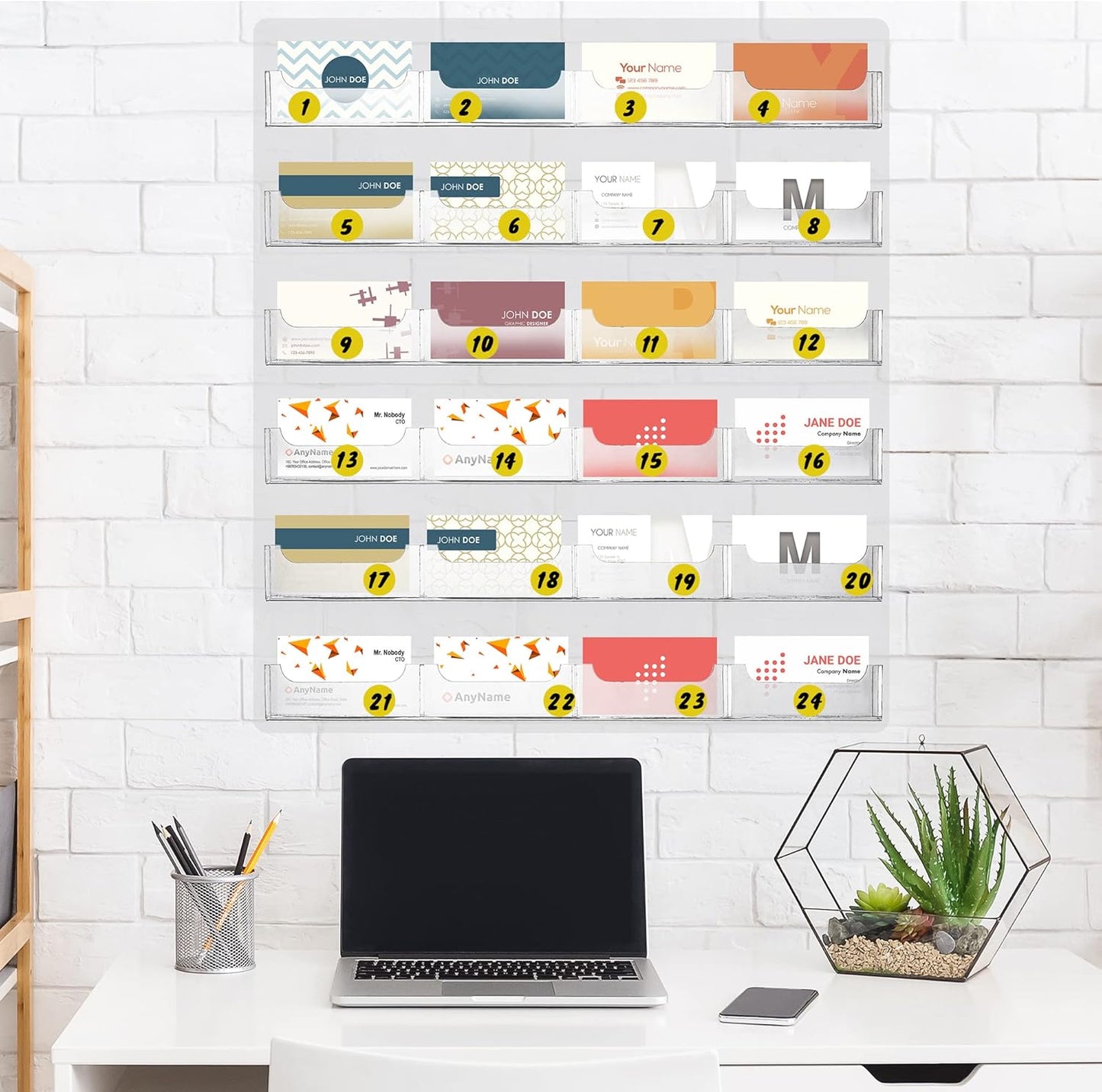 TURSTIN Business Card Holder Wall Mount Clear Sticker Display Marketing Holder Acrylic Business Card Stand Multi Pocket Rack Organizer Space Saver for Home Office (24 Pockets)