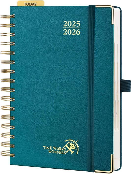 POPRUN Academic Daily Planner 2025-2026 One Page A Day - [5.75" x 8.5"- Spiral Hard Cover], Appointment Book (July 2025 - June 2026) with Monthly Calendar - Pacific Green