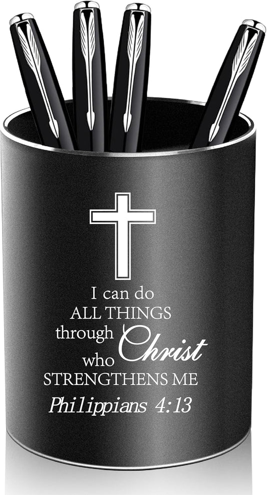 Christian Gifts,Metal Pen Holder Aluminum Pencil Holder for desk,Round Desktop Organizer and Black Pencil Cup for Office, School, Home and Stationary Supplies (Philippians 4:13)