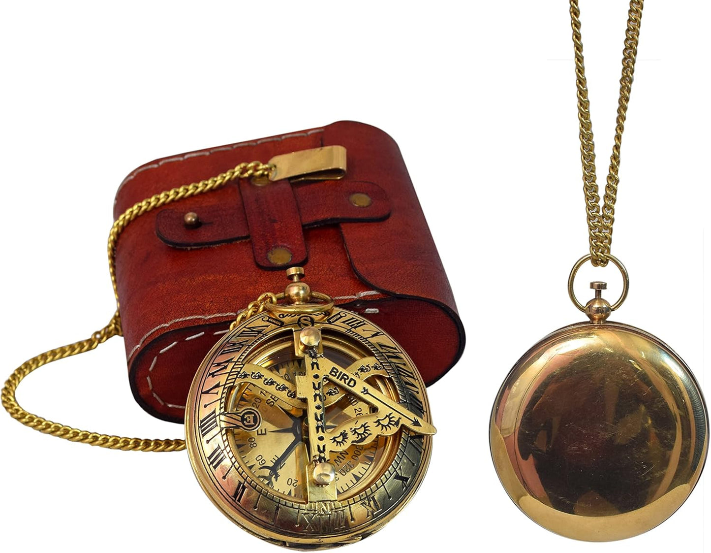 Vintage Brass Sundial Compass with Leather Case - Antique Brass & Copper Sun Clock for Camping, Hiking, Touring - Engraved Gift for Him - Nautical Ship Replica Watch - Sundial Clock in Box