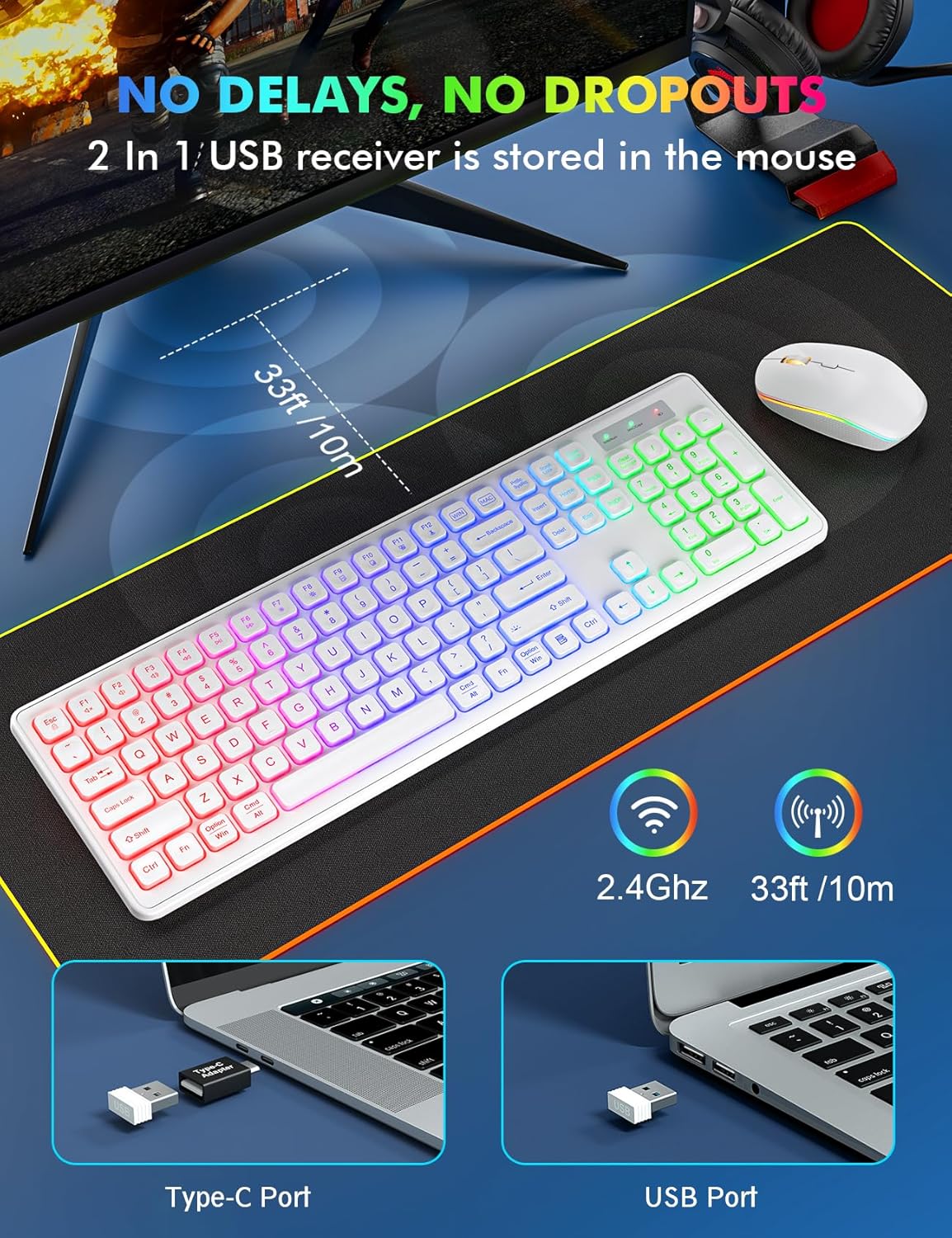 Wireless Keyboard and Mouse - RGB Backlit, Rechargeable & Light Up Letters, Full-Size, Ergonomic Tilt Angle, Sleep Mode, 2.4GHz Quiet Keyboard Mouse for Mac, Windows, Laptop, PC, Trueque(White)