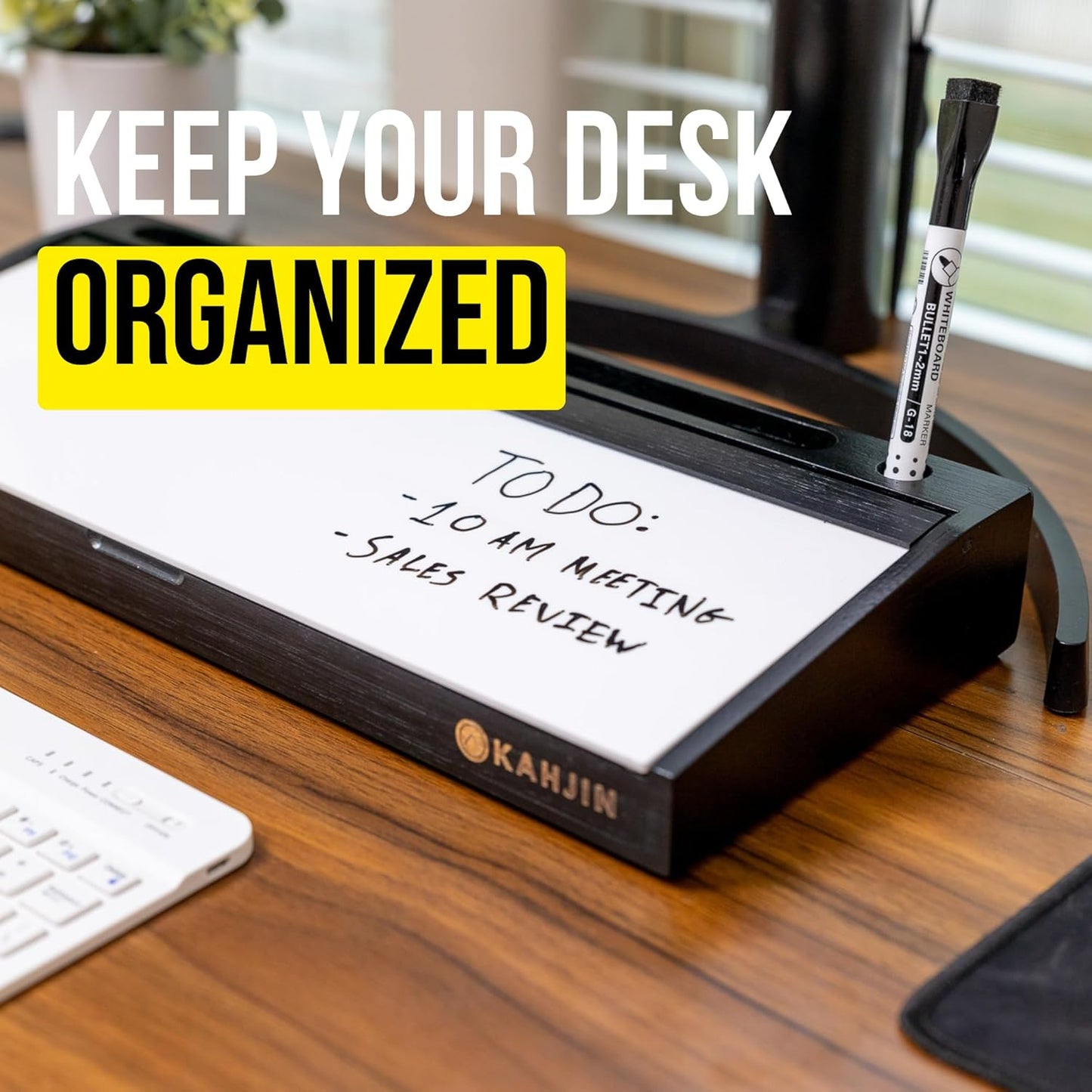 Dry Erase Desk Organizer - 16.2"x6.7"x2" with 3 Markers and 1 Eraser, KAHJIN Black Bamboo Desktop Dry Erase Board - Aesthetic Small Whiteboard for Desk Accessories at Home, Office, Cubicle, or School