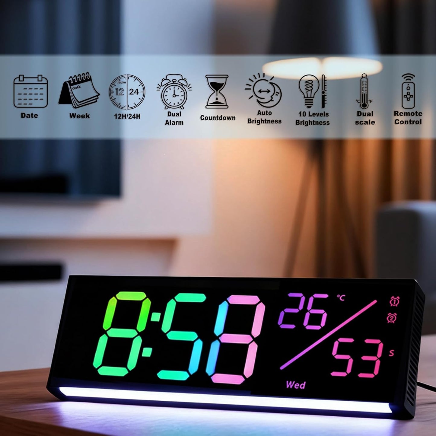 11-Inch LED Digital Wall Clock with RGB Flowing Light, Seconds, Date, Time, Temperature｜ Clear Large Numbers, Dual Alarm Settings, Remote Controlled ｜ Stylish Modern Clock for Living Room, Bedroom